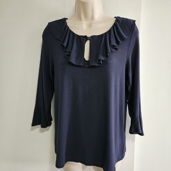 Soft Surroundings Ruffle Keyhole Neckline‎ Tulip Sleeve Pencova Navy Blue Top PS - Picture 1 of 6